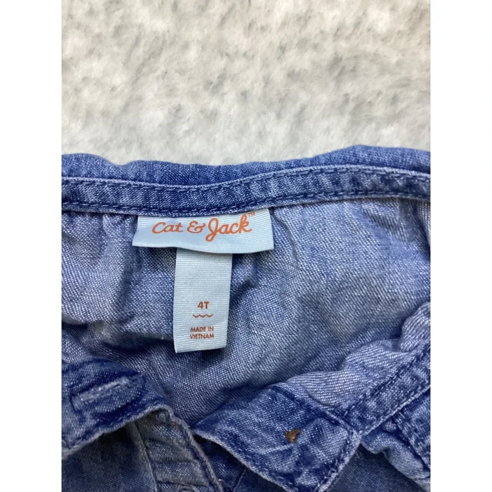 Cat & Jack Girls 4T Blue‎ Denim Chambray Dress Floral Embroider Peter Pan Collar